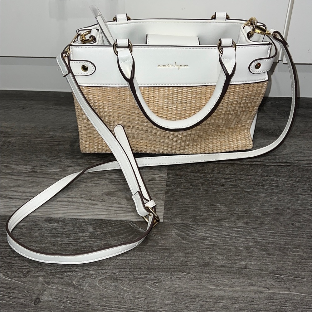 Nanette Lepore Erika White Faux Leather and Straw Satchel